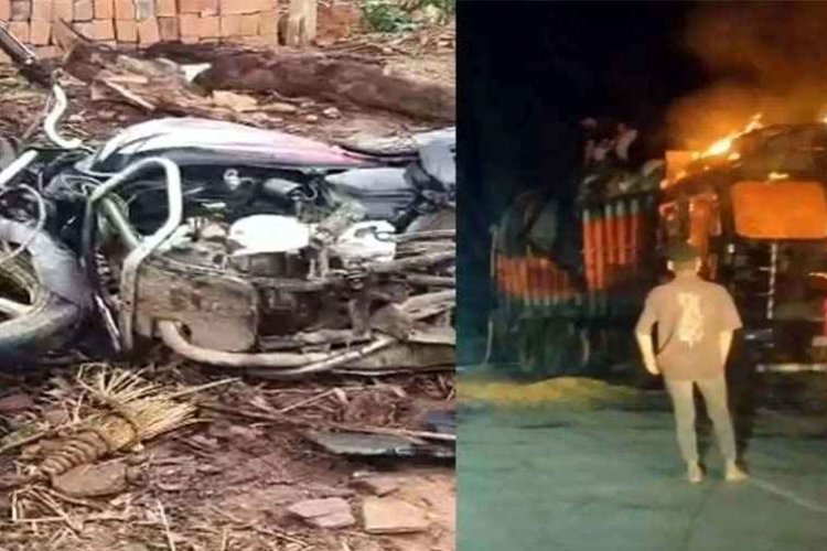 आधी रात बाइक पर सवार चार युवकों की खड़े ट्रक से टक्कर, तीन युवकों की मौत, एक गंभीर, गुस्साए ग्रामीणों ने वाहन में लगाई आग, गांव में पसरा सन्नाटा