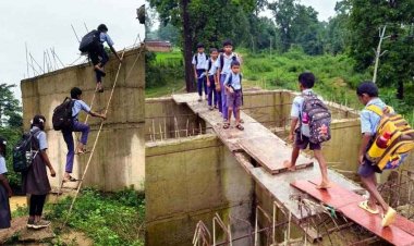 गरियाबंद में स्कूल पहुंचने के लिए रोजाना 20 फीट ऊंचे पिलर से जंग लड़ रहे नौनिहाल, पैरी नदी के अधूरे पुल ने बच्चों को बनाया ‘जान जोखिम में डालने’ को मजबूर