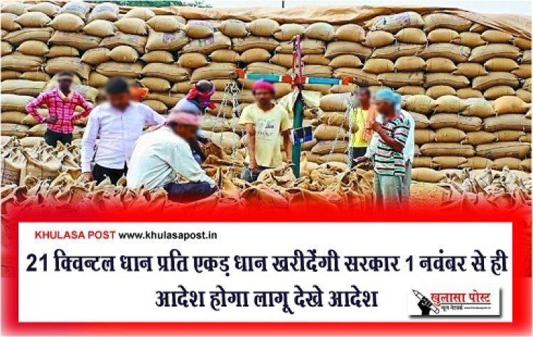 CG News : 21 क्विन्टल धान प्रति एकड़ धान खरीदेंगी सरकार 1 नवंबर से ही आदेश होगा लागू देखे आदेश