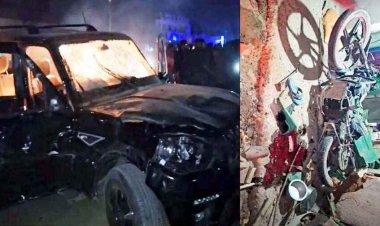 तेज रफ्तार स्कॉर्पियो का कहर, पति-पत्नी और बाइक सवार की मौत, 4 घायल, गुस्साई भीड़ ने वाहन में लगाई आग, गाड़ी जलकर राख, दो गिरफ्तार