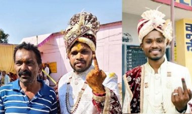 शादी के बाद परिवार के साथ वोट देने पहुंचा दूल्हा, विवाह से पहले दूल्हे ने किया मतदान, लोकतंत्र के प्रति जागरुकता की पेश किया अनूठी मिसाल