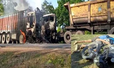 ट्रैक्टर की टक्कर से बाइक सवार तीन लोगों की मौत, ड्राइवर फरार, इधर ट्रेलर व ट्रक के टकराने से लगी आग, जिंदा जला चालक