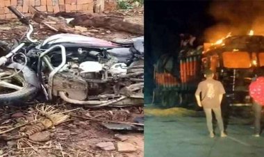 आधी रात बाइक पर सवार चार युवकों की खड़े ट्रक से टक्कर, तीन युवकों की मौत, एक गंभीर, गुस्साए ग्रामीणों ने वाहन में लगाई आग, गांव में पसरा सन्नाटा
