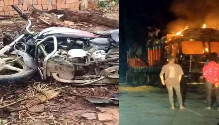 आधी रात बाइक पर सवार चार युवकों की खड़े ट्रक से टक्कर, तीन युवकों की मौत, एक गंभीर, गुस्साए ग्रामीणों ने वाहन में लगाई आग, गांव में पसरा सन्नाटा