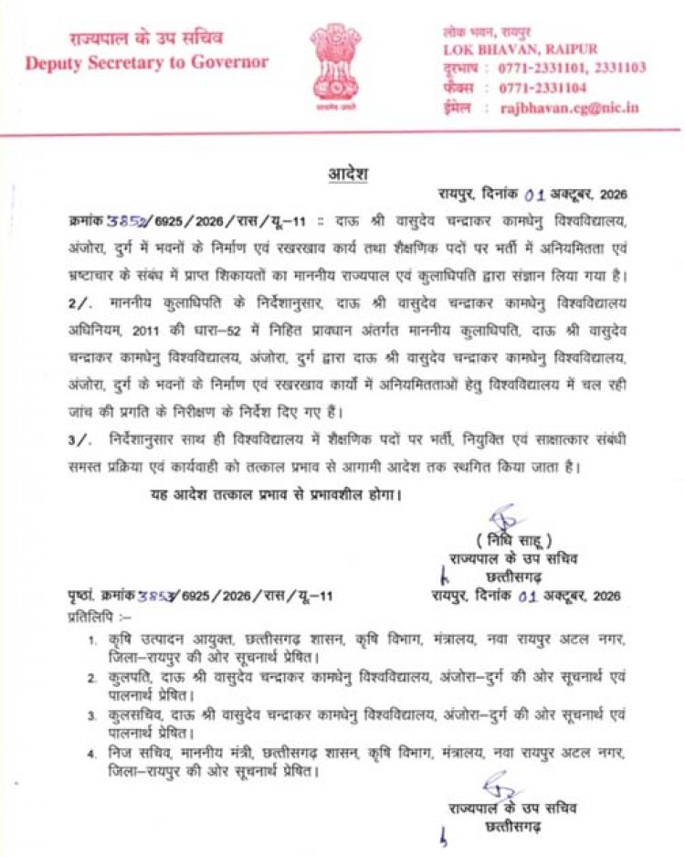 खबर का हुआ बड़ा असर, कामधेनु विश्वविद्यालय अंजोरा में बैकडेट व नियम विरुद्ध भर्तियों तथा निर्माण कार्यों की जांच के आदेश, सभी प्रक्रियाओं पर तत्काल रोक
